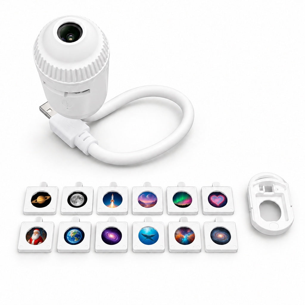 What's in the 12-world pack: Lunova Sky projector, 12 film cartridges and holder